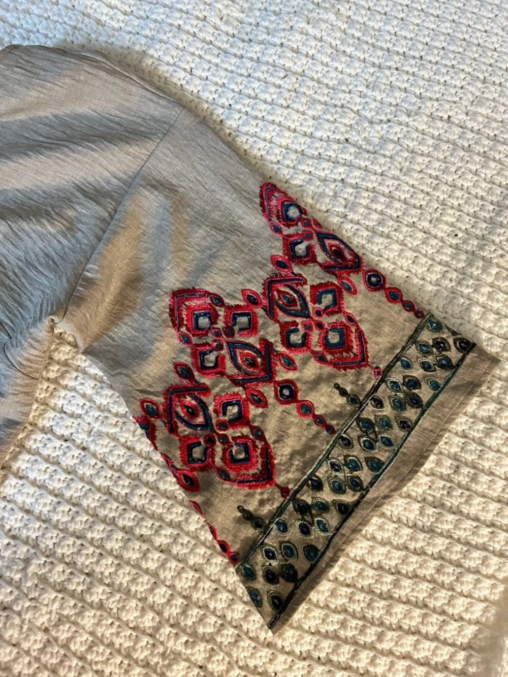 V-Neck Tie-Front Embroidered Sleeve Blouse - Beige with Red & Teal Embroidery